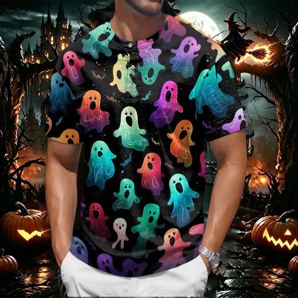 Men's Halloween Printed Crew Neck Short Sleeve Shirt Casual Loose Fit Top with and Pumpkin Pattern for Holiday