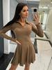 Women Long Sleeve Polo Collar Mini Dress Elegant Bodycon Fit Flared Skater Dress