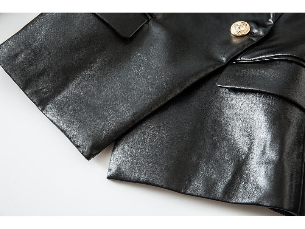 Black Long Sleeve Slim Fit Faux Leather Jacket with Suit Collar - Fall/Winter Collection