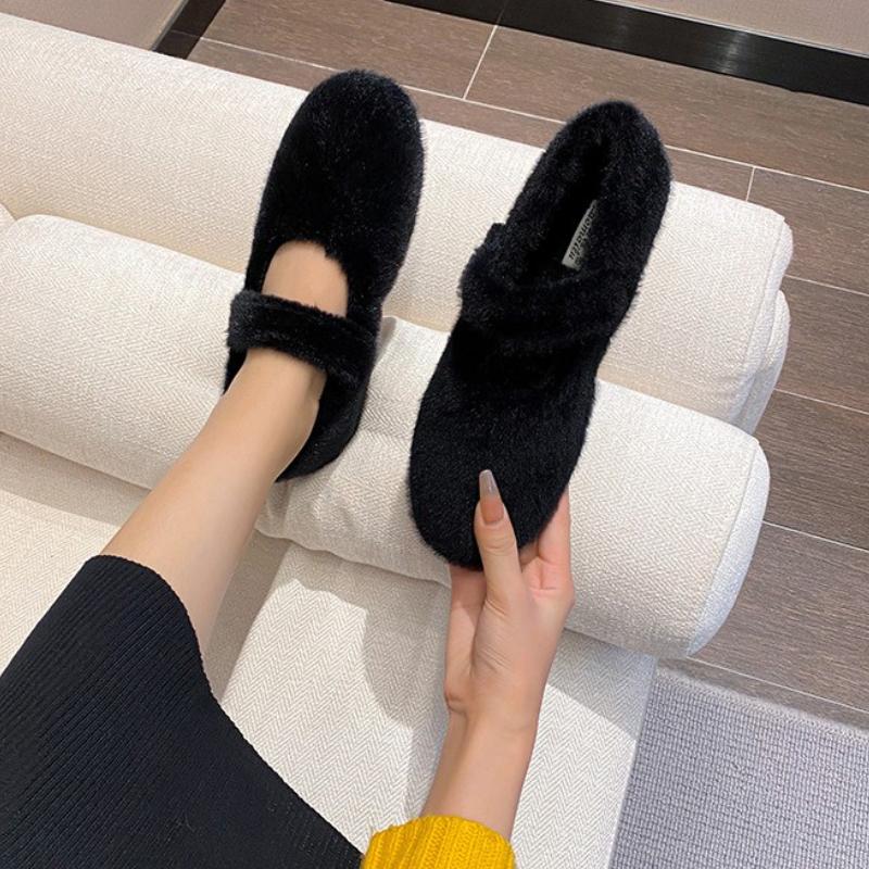 Fashion Autumn Winter Warm Fluffy Flat Shoes Women Comfort Round Toe Mary Jane Shoes Ladies Soft Cotton Shoes Loafers Zapatos De Mujer