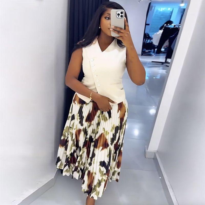 

European and American Women clothes 2025 Summer New V-neck Button Vest Top Print Pleat Long dress Set Suit XXL