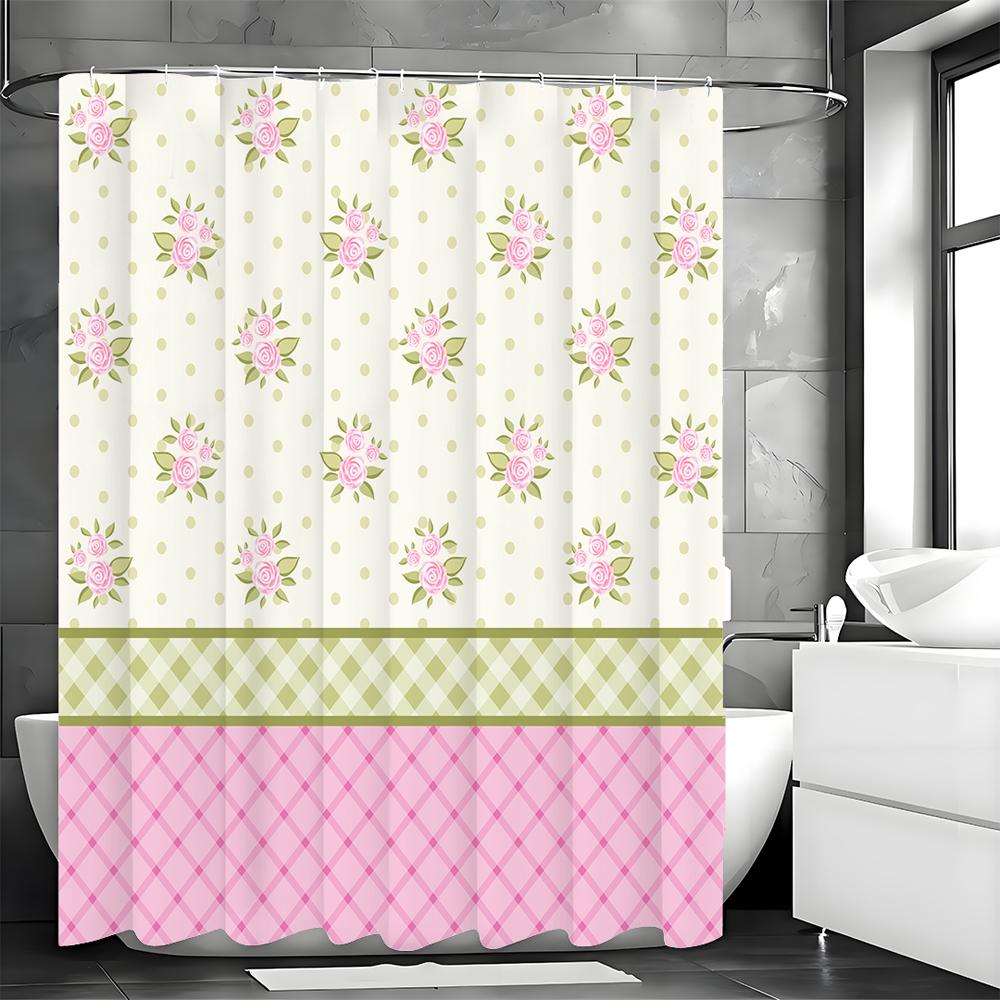 Pink Green Checkered Floral Shower Curtain, Bathroom Decorative Shower Curtain, Waterproof Shower Curtain with Hooks