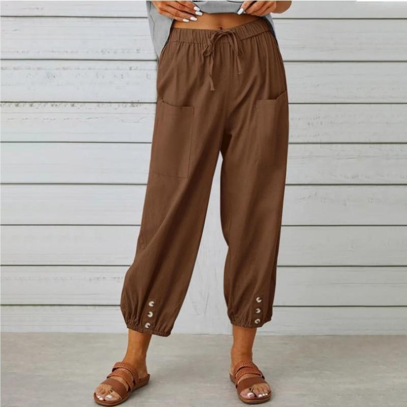 Summer Women's Pants Loose High Waist Button Cotton Linen Pants Nine-point Pants Wide Leg Pants EMA