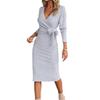 Women Cross V Neck Lace Up Sheath Dress Long Sleeves Knee Length Knitted Elastic Midi Dress Slim Fit Spring Fall Dress