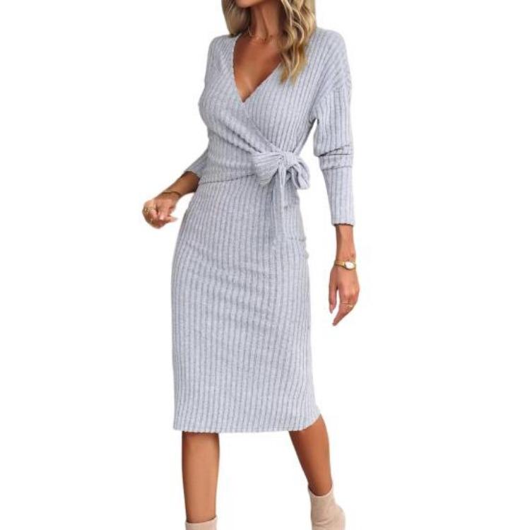 Women Cross V Neck Lace Up Sheath Dress Long Sleeves Knee Length Knitted Elastic Midi Dress Slim Fit Spring Fall Dress