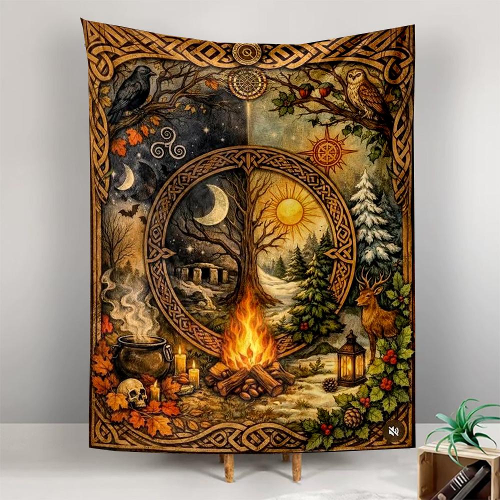 Tapestry Celtic Pagan Wheel Of The Year Seasons Campfire Raven Owl Folklore Wall Hanging for Wicca Witchy Living Room Decor