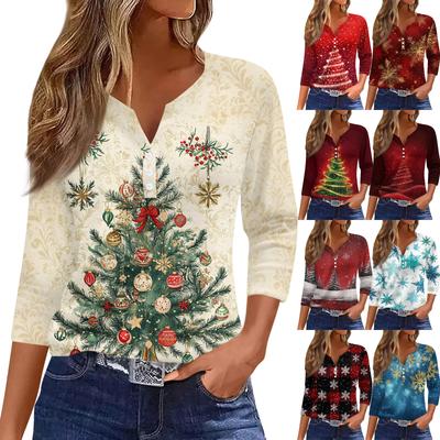 Women's Fashion Casual Christmas Tree Print V-Neck Decorative Button Three-Quarter Sleeve T-Shirt Top