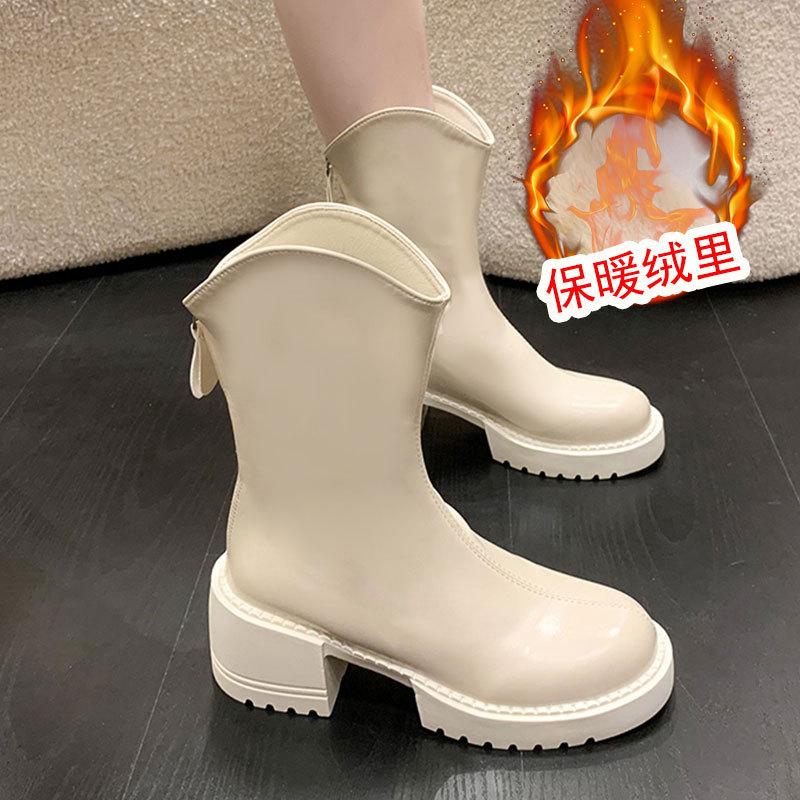Martin boots matching pants women's new autumn and winter thick heel leather boots warm short boots thick-soled short boots women