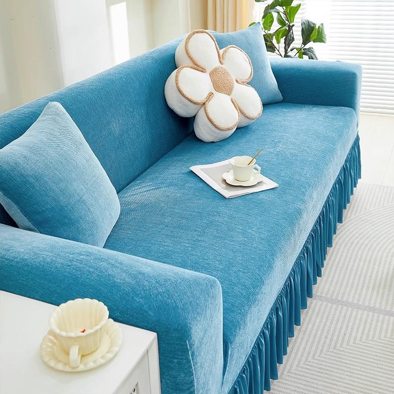 

Chenille Skirt Sofa Cover All in One All Season Compatible Elastic Straight Line One Piece Protective Cover 90-140cm