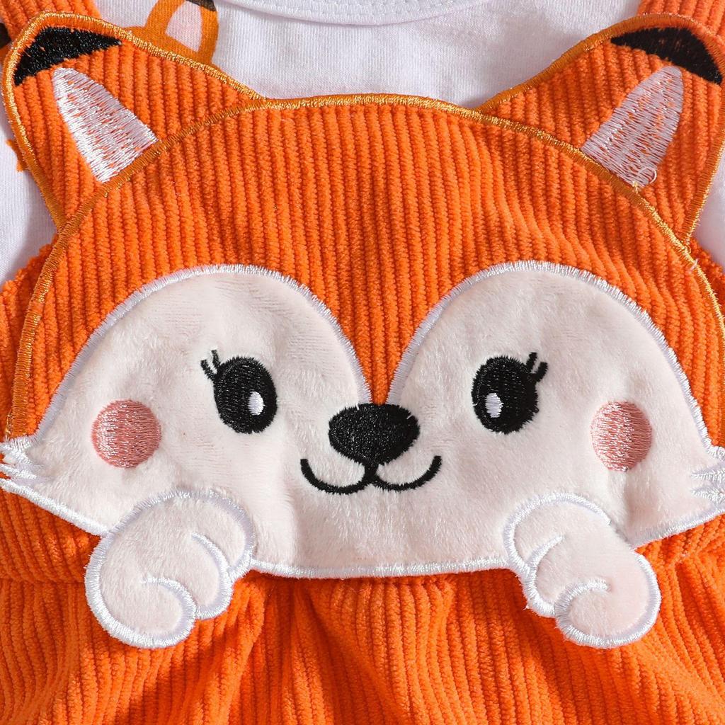 2025 Autumn/Winter Baby & Toddler Fox Heart Print Long Sleeve Footed Romper with Faux Straps & Headband
