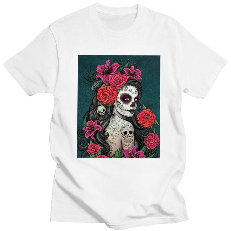 Custom Mexican Catrina Sugar Skull Lady Tshirts for Men Short Sleeve Casual T Shirt Tshirt Pure Cotton Tee Gift