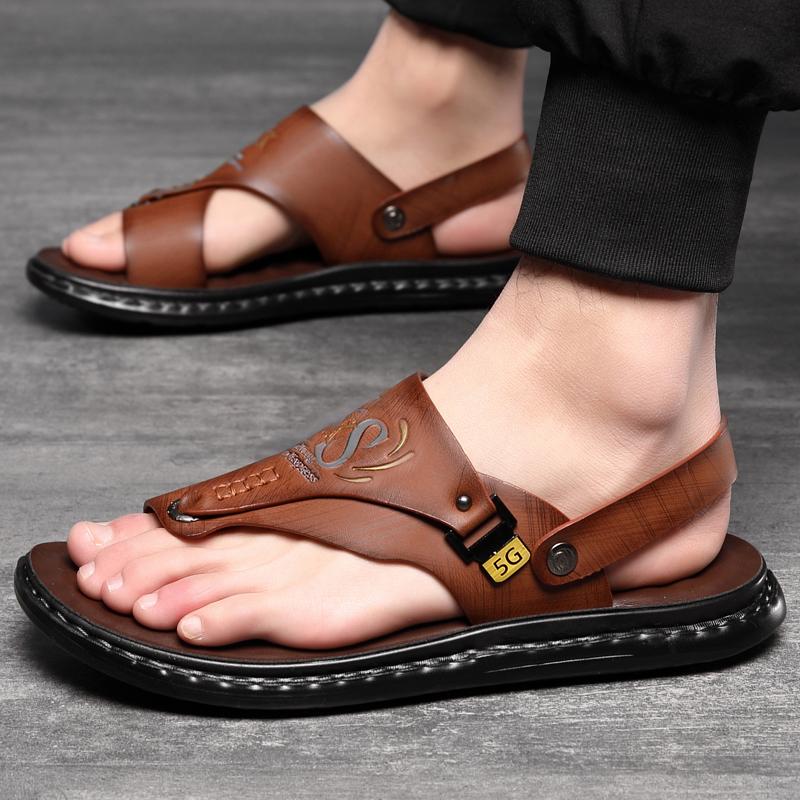 Men Black Open Toe Sandals Slippers Simple Flats Flip Flops Summer Brown Outdoor Beach Shoes Plus Size 46 47 48