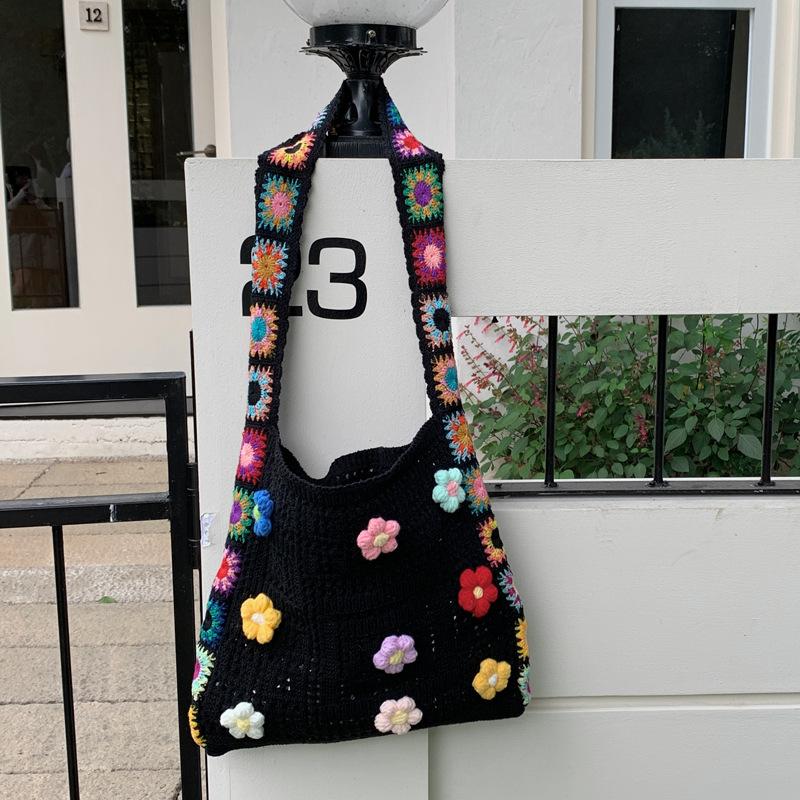 Yogodlns Vintage Hollow Woven Women Floral Decor Shoulder Bag Knitting Handbags Large Capacity Tote Bags For Ladies Beach Travel Shopper Purse