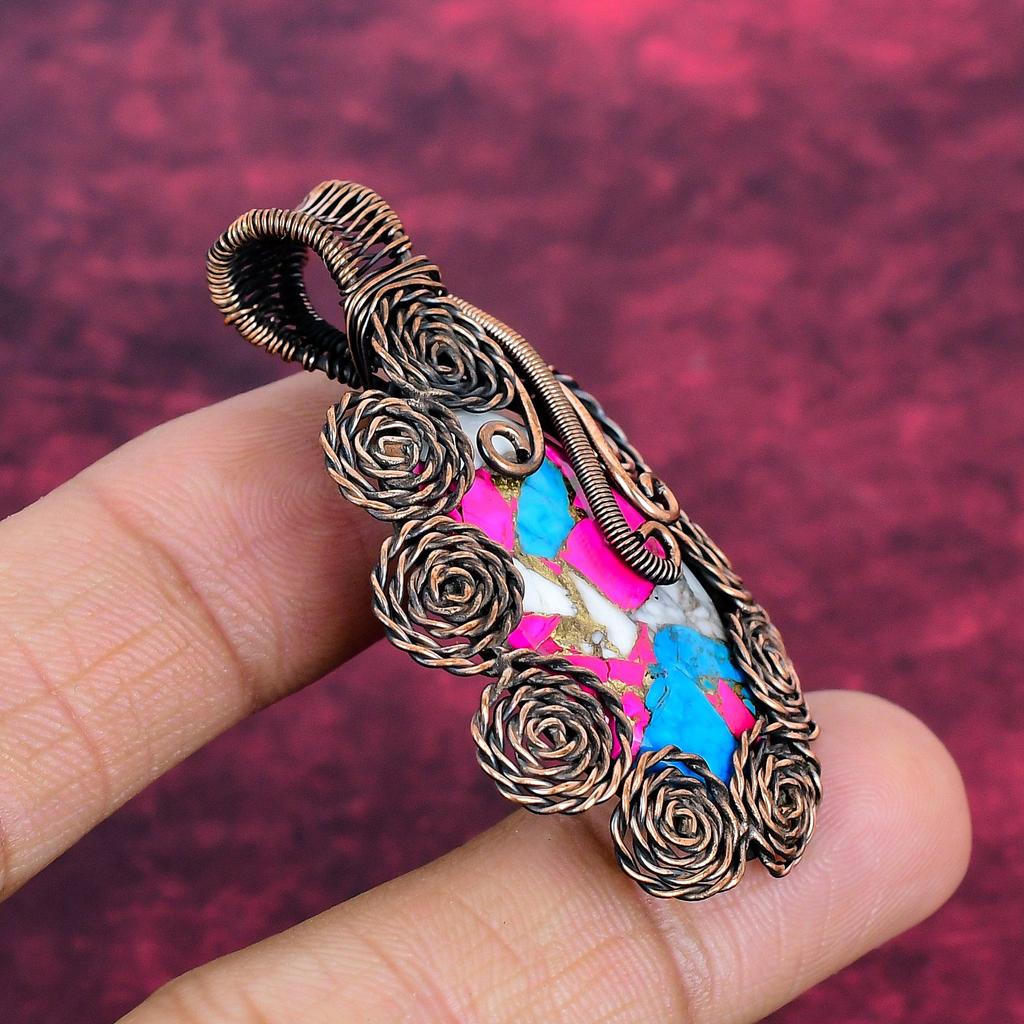 Cotton Candy Turquoise Gemstone Pendant Copper Wire Wrapped Flower Jewelry