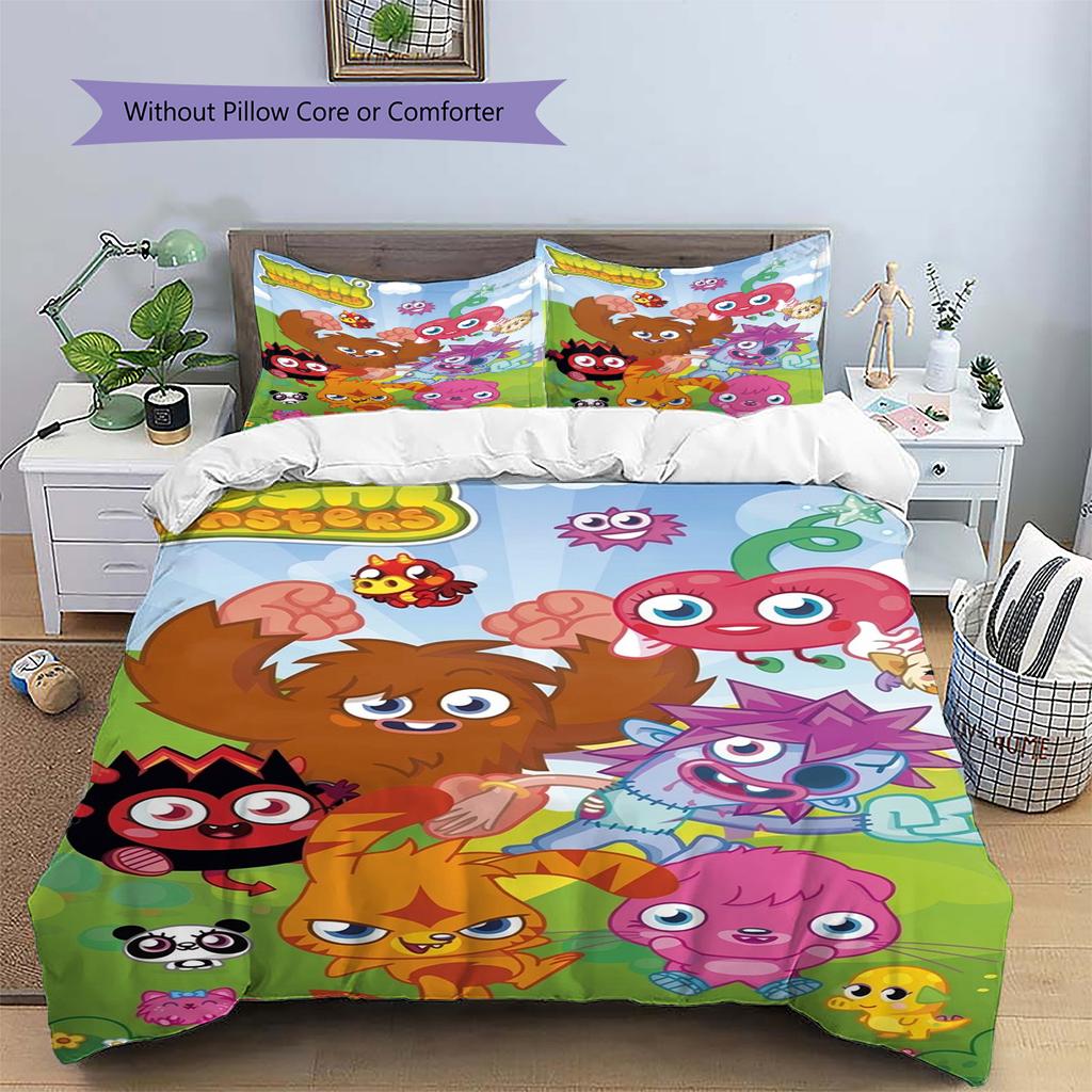 Moshi Monsters Pattern Bedding Set Quilt Cover Pillowcase Home Decor Gift (1 * duvet cover + 2 * pillowcase, without core)