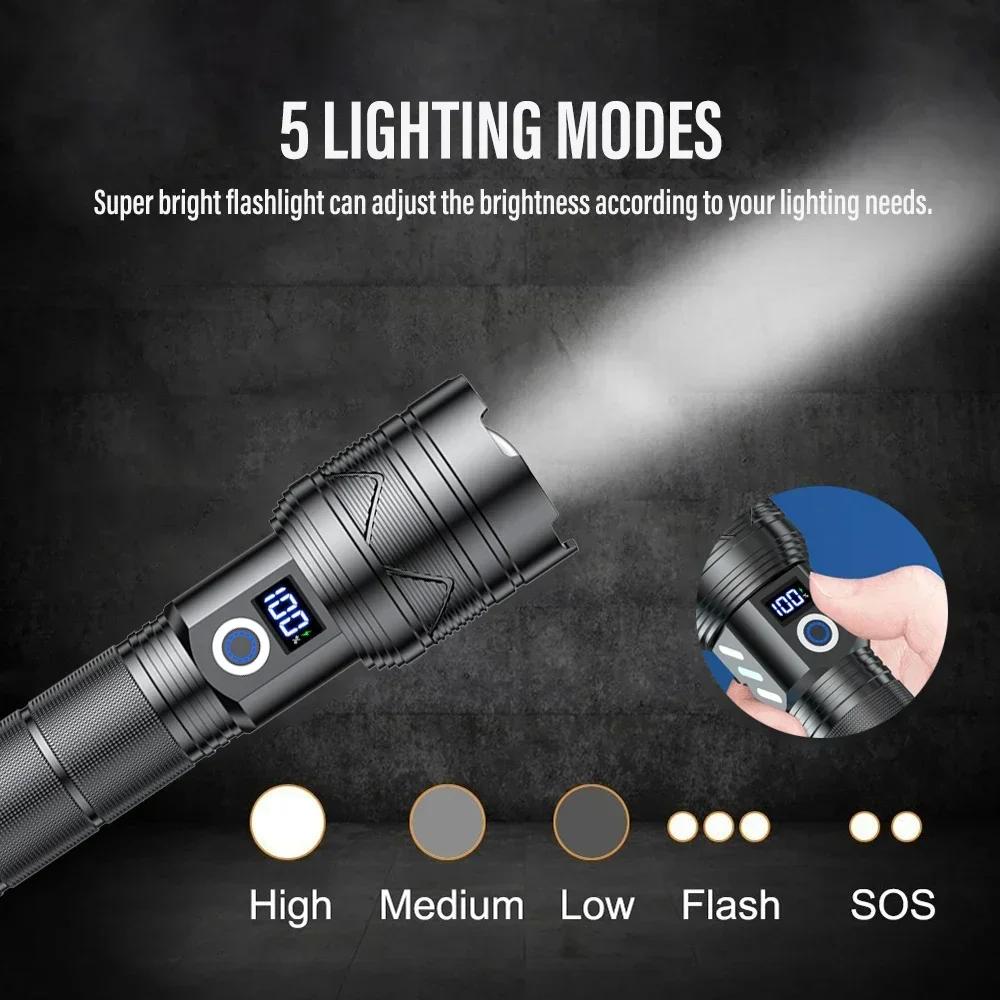 High Power Strong Light Flashlight Rechargeable Long Range USB Charging 26650 Battery Outdoor Telescopic Zoom Super Bright Torch