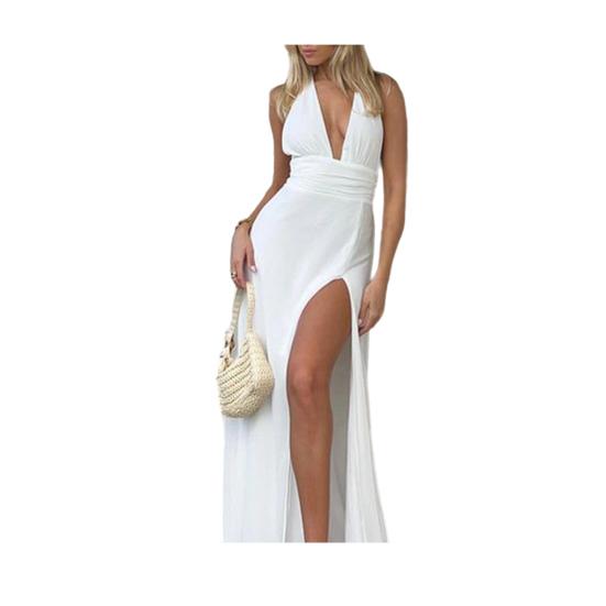 Women's Halter Deep V Neck Maxi Dress Backless High Slit Long Cocktail Party Dress Sexy Sleeveless Evening Gown