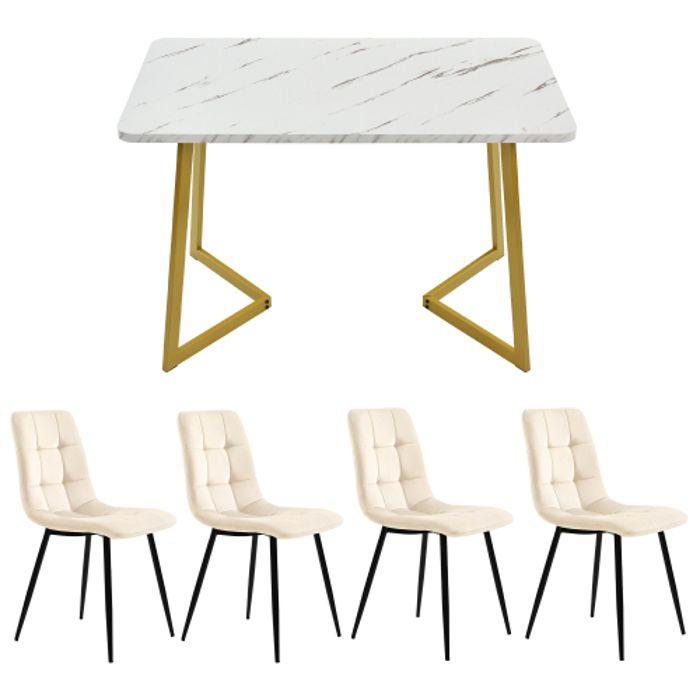 Table De Salle À Manger - MUVOE - 117 Cm - 4 Chaises - Velours Beige - Rectangulaire