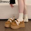 Vintage Women Fur Lining Chunky Loafer Shoes Comfrot Warm Snow Shoes  Spring Height Increase Ladies Dress Slip On Shoes
