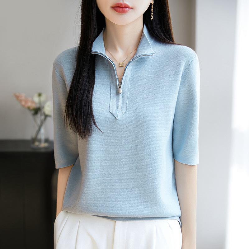 Spring/Summer 2025 Silk Wool Half Turtleneck Zip Sweater - Solid Color, Half Sleeve Top