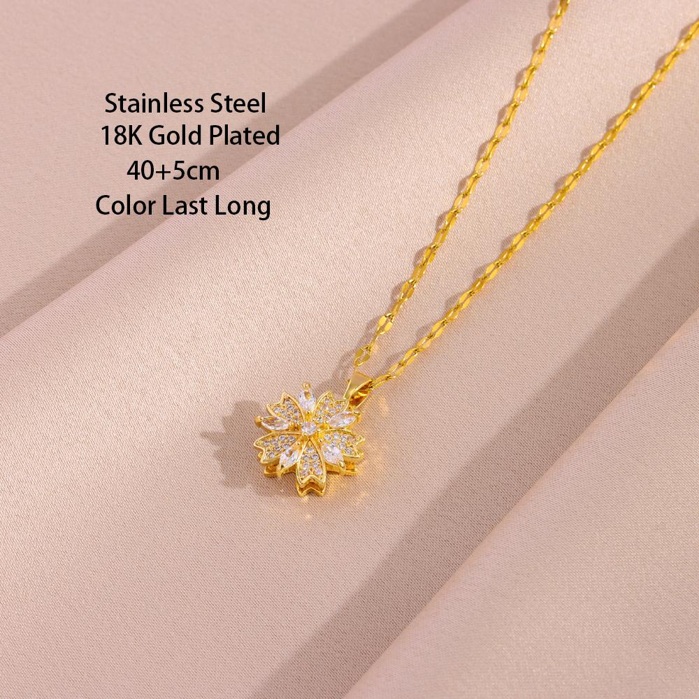 New In Gold Plated Fashion Lucky Rotatable Sakura Pendant Necklaces For Women Female Stainless Steel Clavicle Chain Jewelry