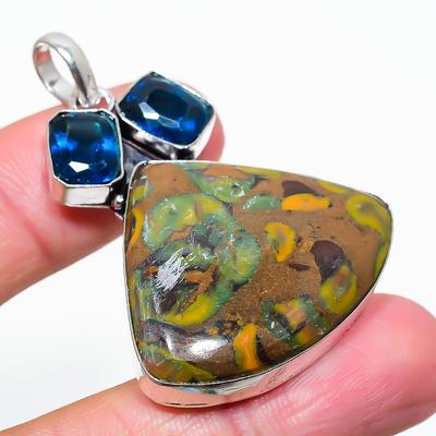 Natural Bamboo Jasper, Topaz Gemstone 925 Sterling Silver Pendant 2.05" f6V57