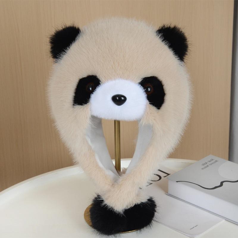 Large Faux Fur Panda Earmuff Hat - Enhances Face Slimness, Winter Warmth, Ideal for Outdoor Photography.