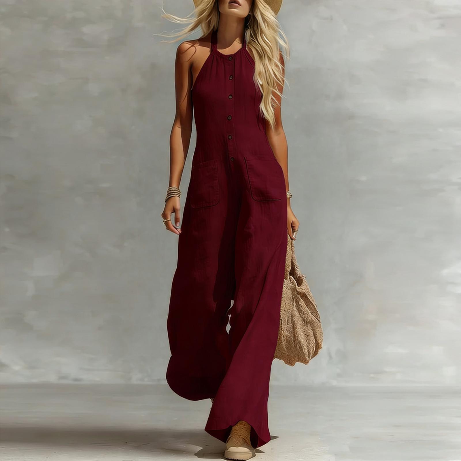 

Women s Fashionable V-neck Button Sleeveless Pocket Strap Cotton And Linen Casual Jumpsuit S винний