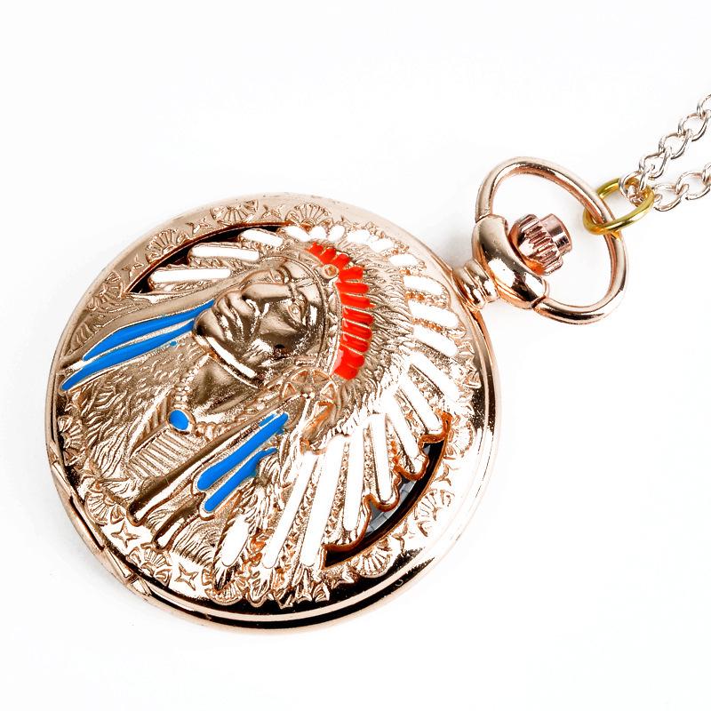 Duży Retro Nostalgiczny Kwarcowy Zegarek Kieszonkowy Naszyjnik ze Wzorem Indyjskim - Model 1005