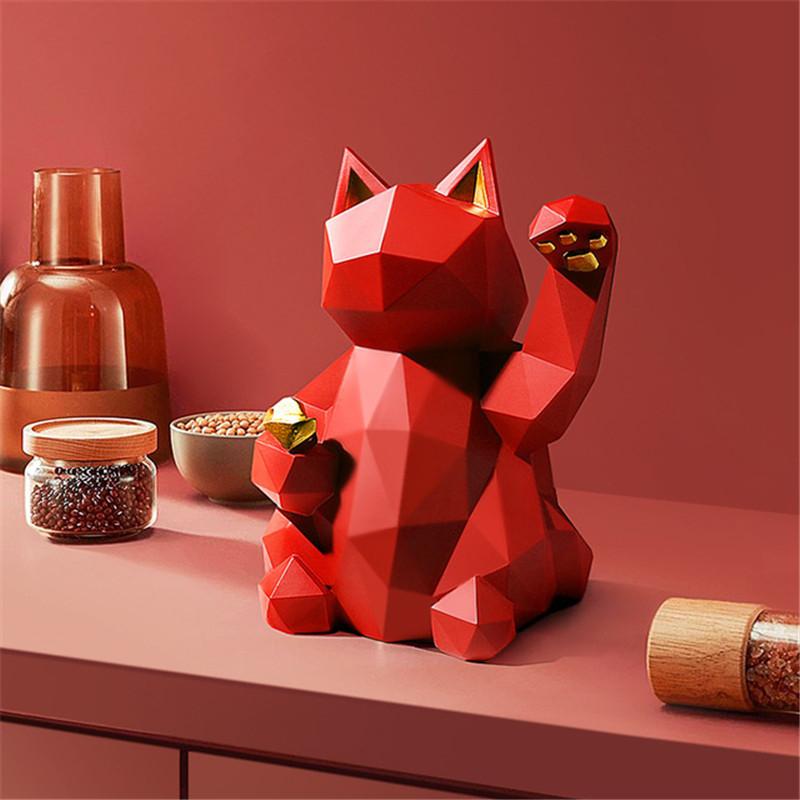 Geometric Lucky Cat Sculpture – Modern Resin Fortune Statue for Home & Office Decor