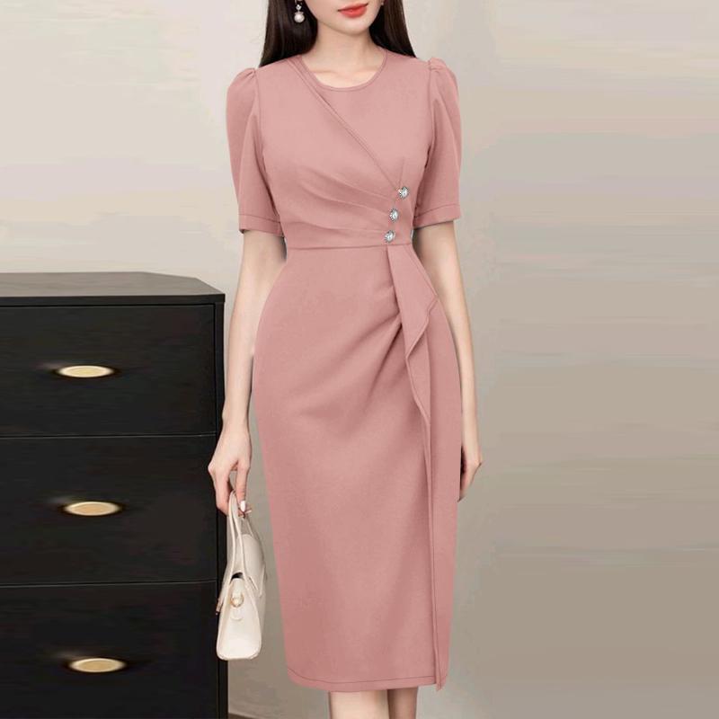 ZANZEA Women Casual Round Neck Elegant Slim Short Sleeve Dress S розовый