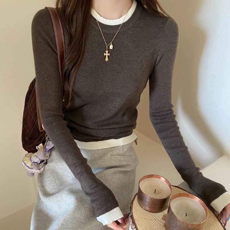 Ladies Autumn Winter Long Sleeve Fake Two Piece Basic Solid Color Pullover Knitted T Shirt Top