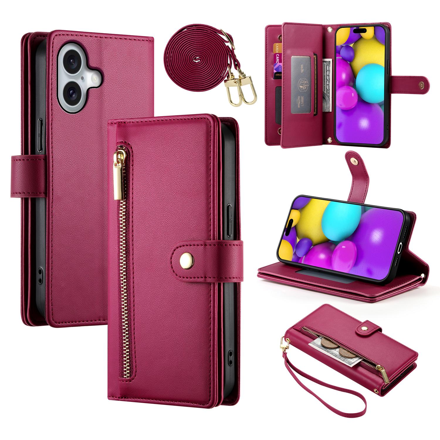 

DF-011 For iPhone 16 Case Anti-Drop Leather Wallet Phone Cover with Long/Short Straps B