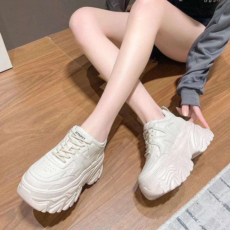 Fashion Autumn Breathable Thick Bottom Casual Shoes New 2025 Women's Chunky Leather Sneakers 8CM High Platform Sports Dad Shoes Spring