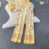 Spring Autumn Vintage Designer Print Runway Trouser 2 Piece Set Women Turn-down Collar Shirt And Elastic Waist Pocket Pant Suit