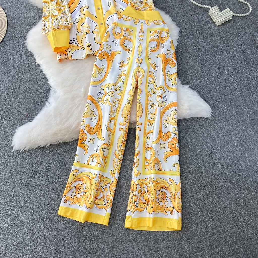 Spring Autumn Vintage Designer Print Runway Trouser 2 Piece Set Women Turn-down Collar Shirt And Elastic Waist Pocket Pant Suit