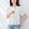 Lace Lace White Blouse for Women Short-sleeved Summer Updated Round Neck Embroidered Top Pure Cotton Womens Blouse