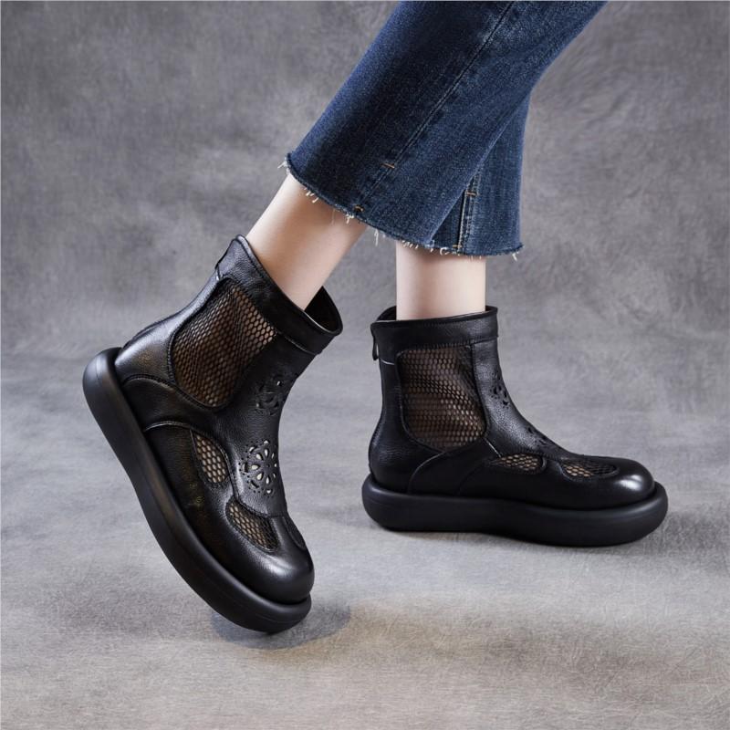 Johnature Genuine Leather Thick Soled Roman Women's Summer Boots Hollow-out Breathable Casual Mesh Short Boots