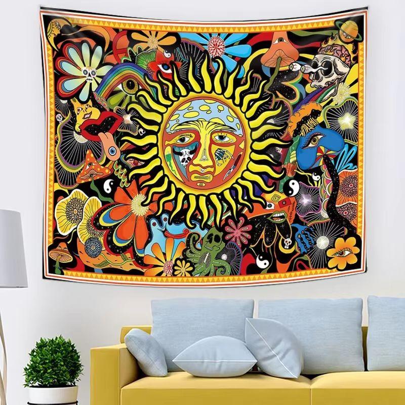 Trippy Hippie Sun Wall Tapestry Colorful Mushroom Skull Floral Yin Yang Boho Psychedelic Teen Room Hanging Cloth Decor