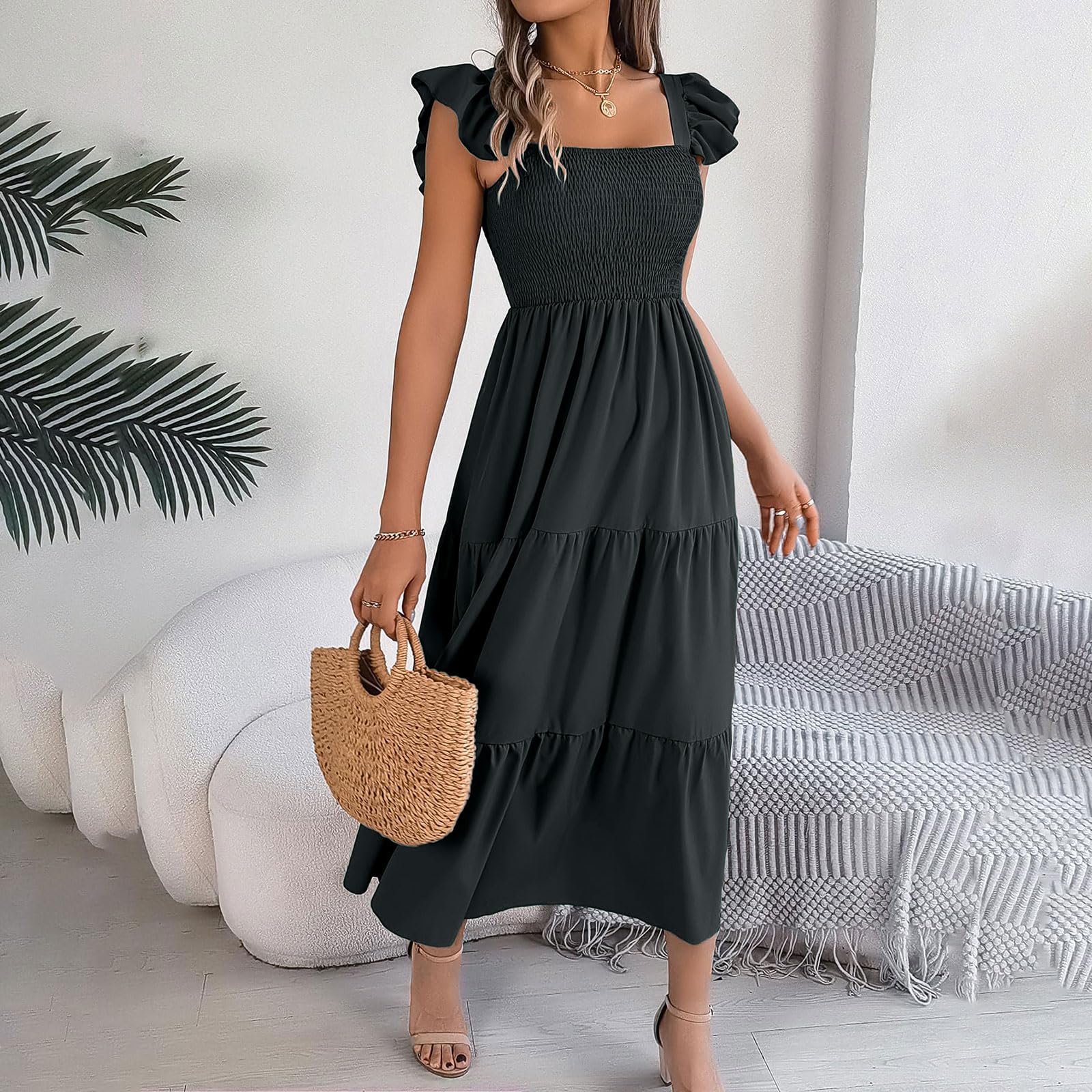 Women s Square-Neck Ruffled Short-Sleeve Zipper Fashion Casual Fitted Bodycon Dress L чёрный