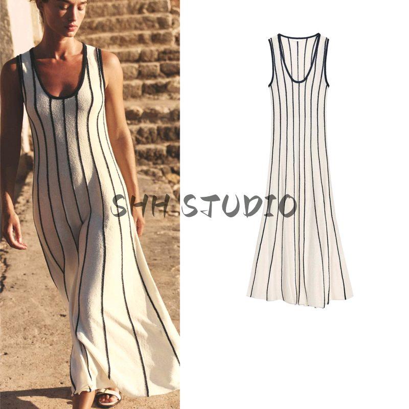 Summer New Women clothes round Neck Sleeveless A- line Decorative Layer Hem Mid-Length Knitted dress 8779637