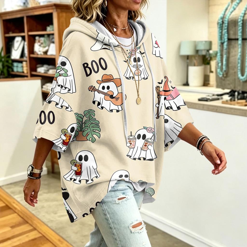 Women's Halloween Print Hooded Sweatshirt Casual Loose Fit Pullover Top