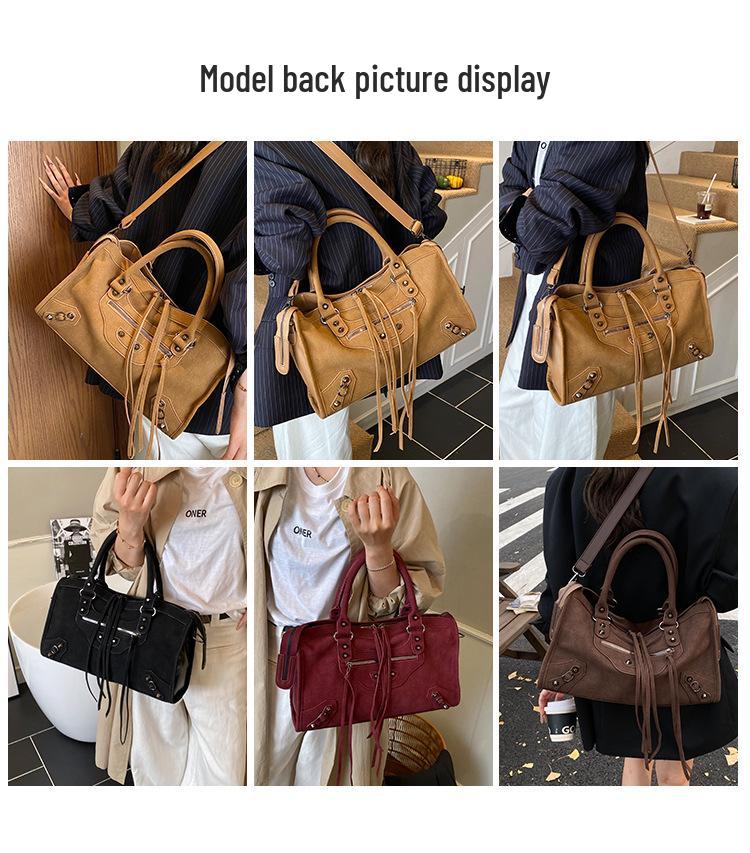 Trendsetting Matte Suede Rivet Motorcycle-Style Retro Crossbody Bag 2025: Large Capacity Handbag