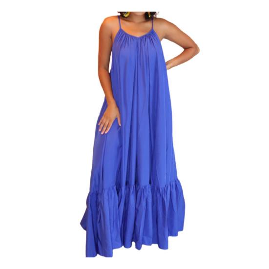 

Макси-платье без спинки повседневное длиной до пола однотонное с большим подолом на бретелях с карманом платье-слинг для пляжа 3XL синий