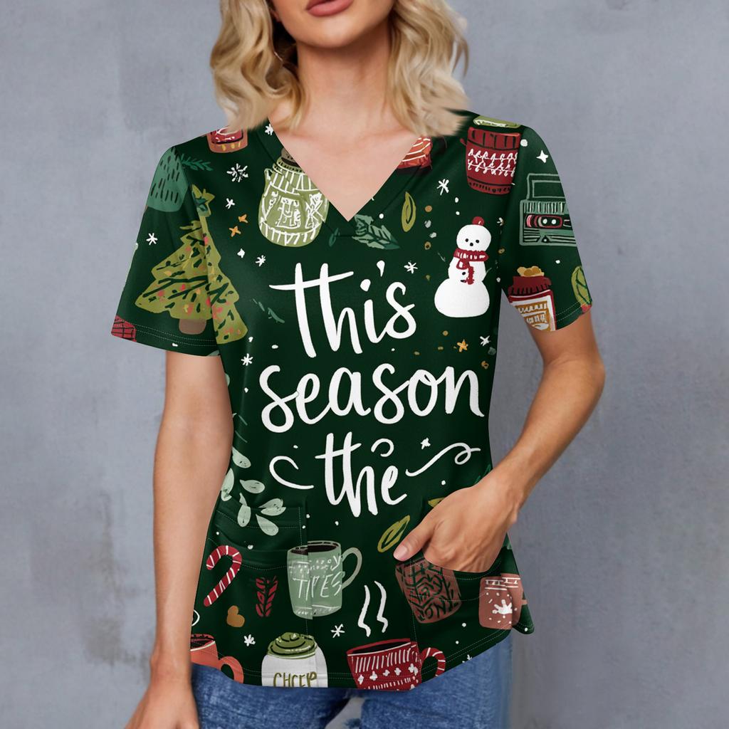 Women's Christmas Print V-Neck Double Pocket Short Sleeves Hem Slit Uniform And Caregiver Top