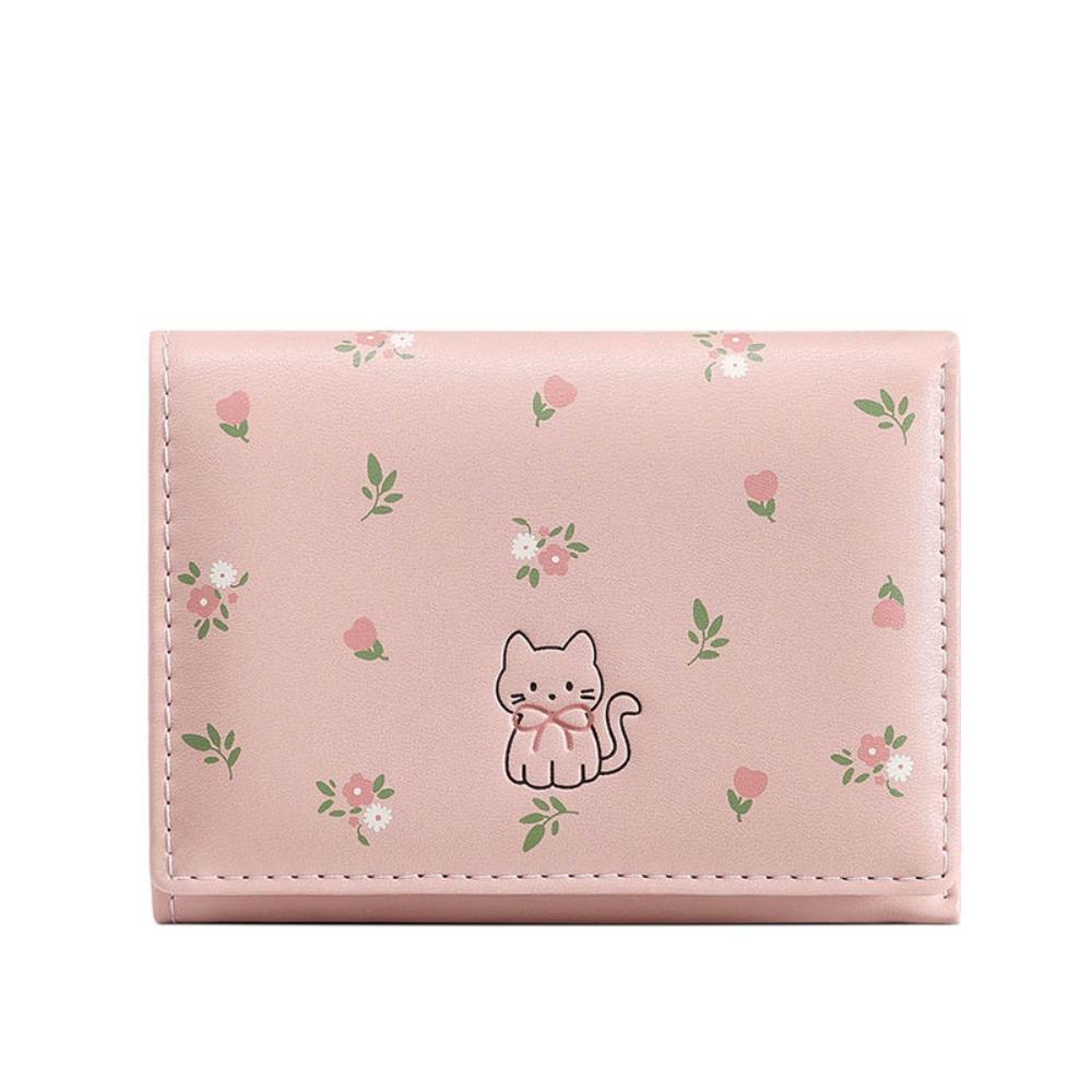 INS Style Cute Cat Short Wallet Flowers Pattern PU Leather Coin Purse Tri-fold Mini Wallet Gifts