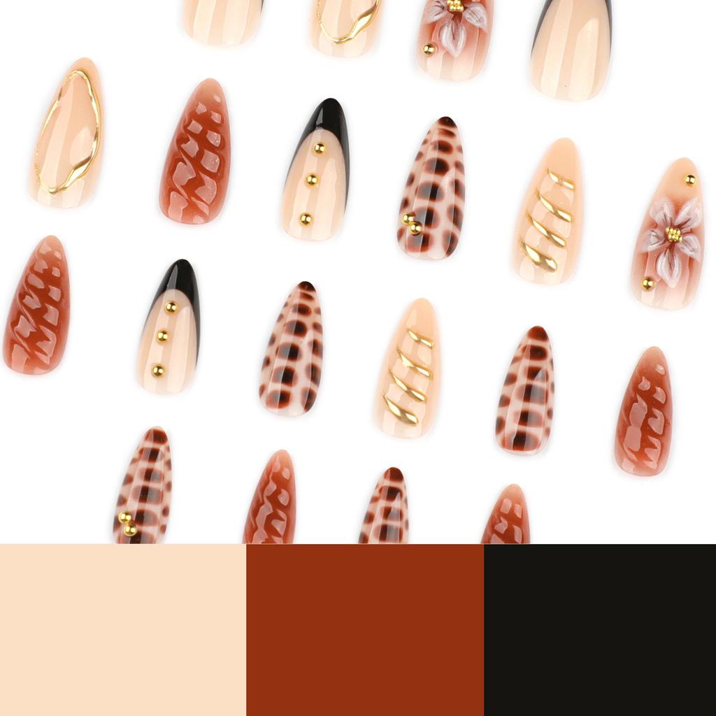 3D Crocodile Pattern French Black Almond Nail Tips for Autumn & Winter
