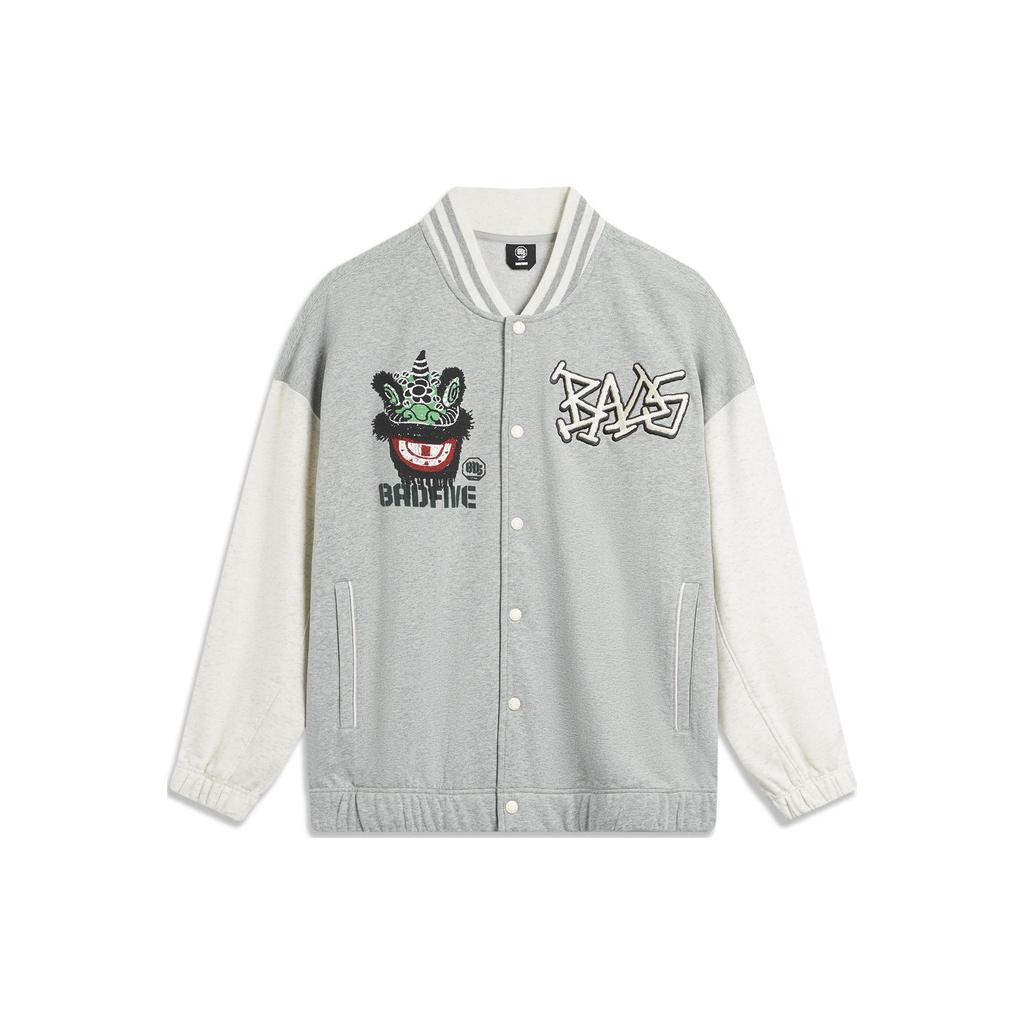 Li Ning Badfive American Vintage Print Letter Baseball Jacket Men Jacket Gray AJDT773-2
