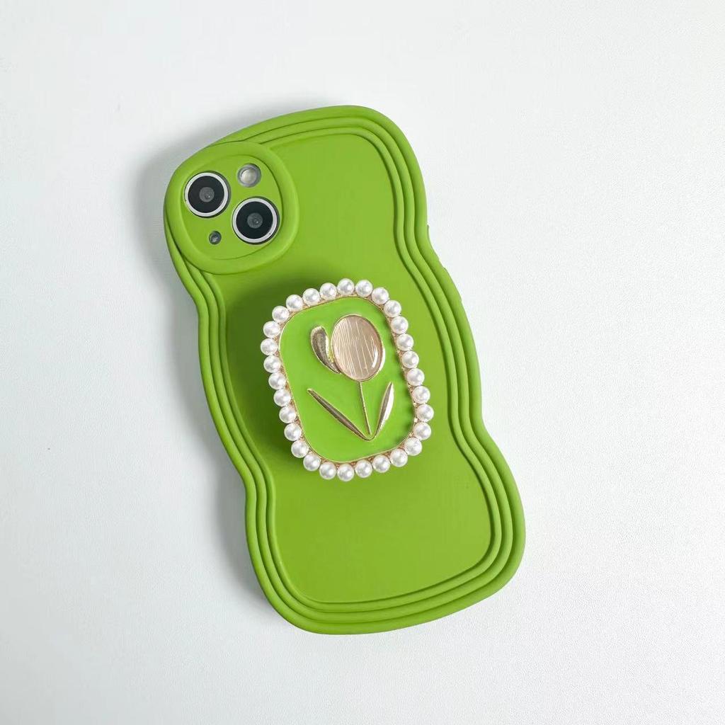 Funda para teléfono estilo palaciego con flor de perlas y soporte para iPhone 14 Pro Max / 13 Pro / 15