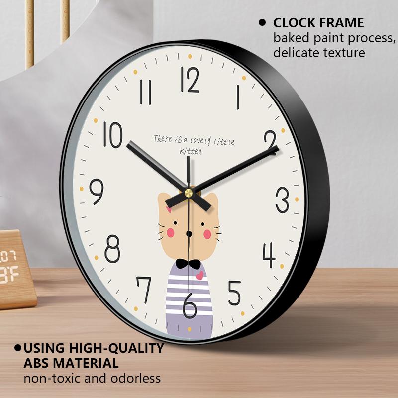 Cute Kitten Cartoon Wall Clock Minimalist Nursery Decor with Sweet Cat Design Silent Non-Ticking Easy To Read for Kids Bedroom